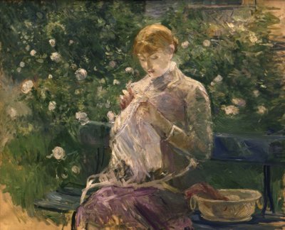 Šití pasie v Bougivalově zahradě – 1881 – 81 × 100 cm – olej na plátně od Berthe Morisot