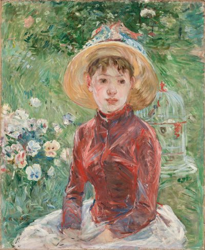 Mladá dívka v trávě, červený živůtek Mademoiselle Isabelle Lambert, 1885. od Berthe Morisot