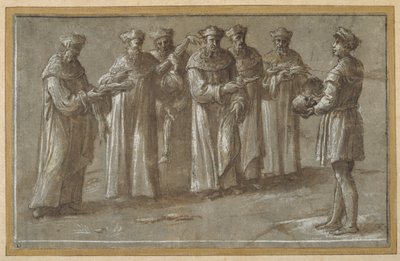 Šest profesorů anatomie, diskutujících o lebce a stažených končetinách (pero a hnědý inkoust s hnědým praním a zvýrazněním) (viz také 404475) od Biagio Pupini