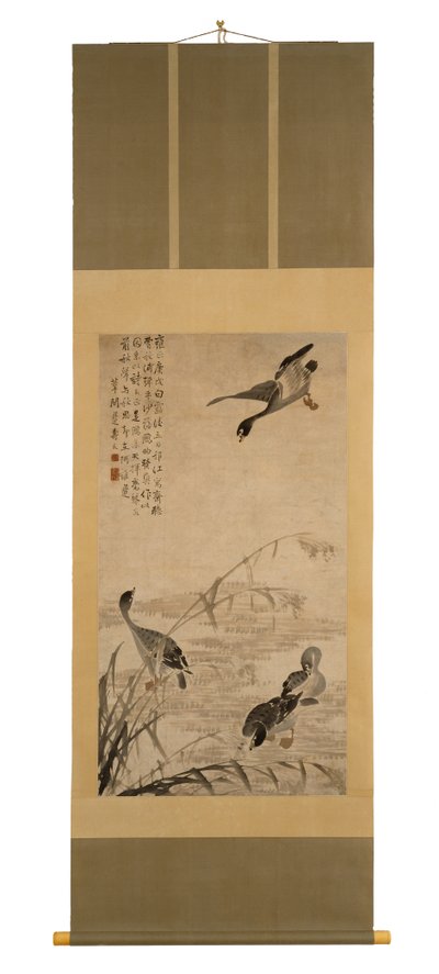 Husy sestupují na pískovišti, 1730 (inkoust na papíře) od Bian Shoumin