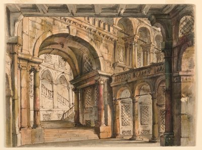 Scénografie, nádvoří paláce a schodiště od Bibiena Family, 1657