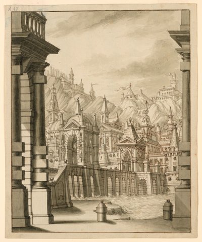 Scéna, město na kopci s věžovitými budovami od Bibiena Family, 1657