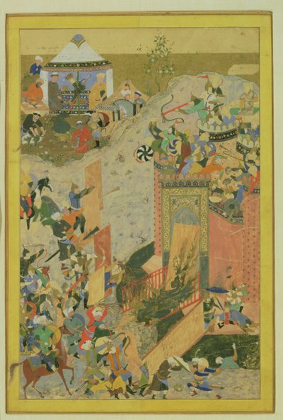 Útok na hrad, Perština, Timurské období (1370-1506) cca 1475-1500 (wc a plátkové zlato na papíře) od Bihzad attr. to Bihzad attr. to