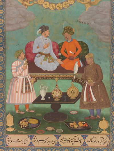 Džahángír baví šáha Abbáse z Petrohradského alba (detail), cca 1620 (akvarel, zlato, tuš na papíře) od Bishandas