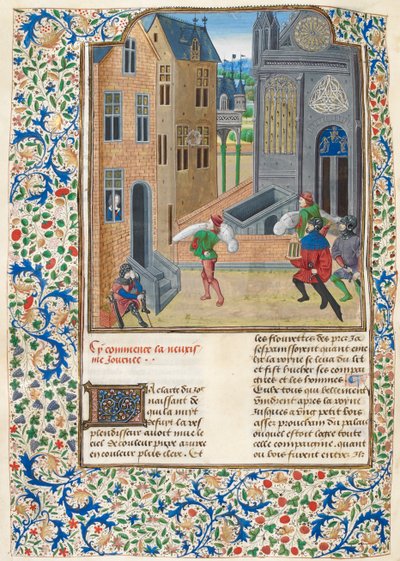 Přidat. 35323 f.122v Zabalená těla přenášená do budovy, ilustrace z 