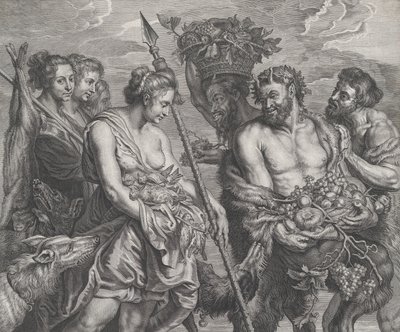 Diana vracející se z honičky, doprovázená psy a svými nymfami vlevo, dva seděli..., ca. 1640-59. od Boetius Adams Bolswert