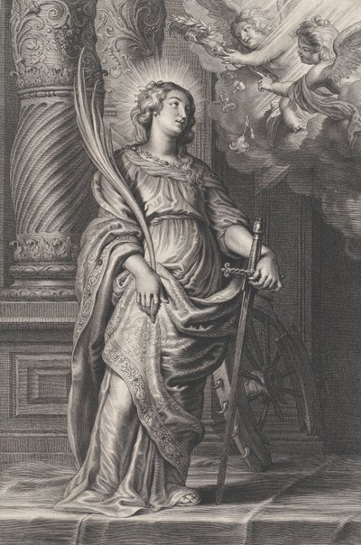 Svatá Kateřina drží palmové listy a meč, nad hlavou dva putti držící laure..., ca. 1625-59. od Boetius Adams Bolswert
