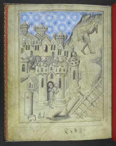 Add 24189. f.16v, Samson nesoucí brány Gazy, sledovaný z městských hradeb obrněnými vojáky a u okna Delilah z „Obrázkové knihy cest sira Johna Mandevilla“, kolem 1410 (vellum) od Bohemian School
