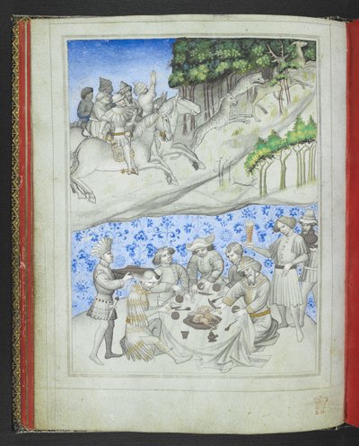 Přidejte 24189, f.5v, Rekreace na Kypru, nahoře s lovem jelenů pomocí leopardů a dole s hostinou z „Picture Book of Sir John Mandeville