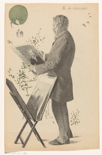 Edmond de Goncourt se dívá na tisk, vedle něj tiskový standard E. de Goncourt (titul na předmětu) od Boileau