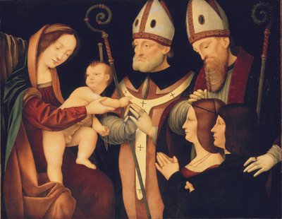 Madona s dítětem se svatými Romanem a Ptolomaiem a dvěma dárci (olej na panelu) od Boltraffio Pseudo