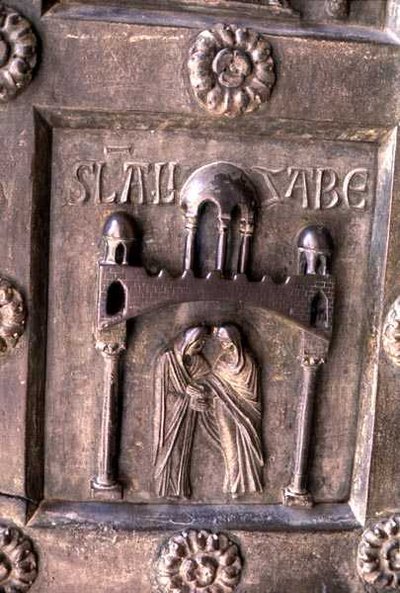 Panel zobrazující Navštívení na Porta di S. Ranieri od Bonannus of Pisa