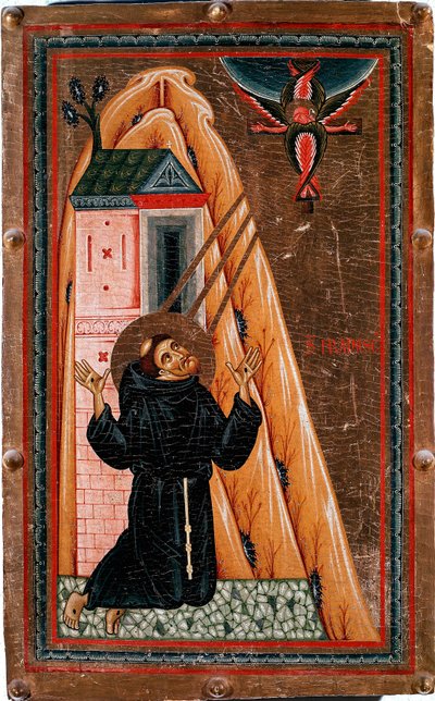 Život svatého Františka z Assisi „Svatý František dostává stigmata“““ Ježíš Kristus ukřižuje se mu jeví jako serafín. Malba na dřevě od Bonaventury Berlinghieriho (činný kolem 1228-1274), Dim. 80x51 cm Galleria degli Uffizi (Kanceláře) Florencie od Bonaventura Berlinghieri