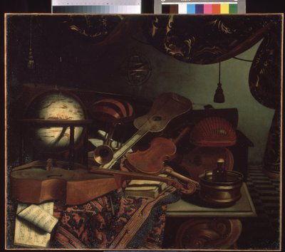 ""Zátiší s hudebními nástroji"" (Zátiší s hudebními nástroji) Glóbus, flétna, partitura, viola, kytara. Obraz Bonaventury Bettera (1663-1718) 1715 Puškinovo muzeum, Moskva od Bonaventura Bettera