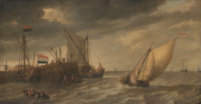 Cestovatelé vystupují na molu na Scheldt v silném větru od Bonaventura Peeters (I)
