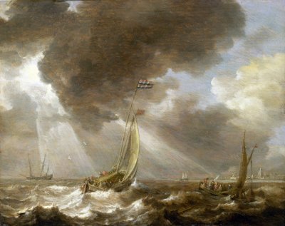 Dvě holandské rybářské lodě ve větru, naložené cestujícími, které dopravují do města viditelného na obzoru, lodě nesou vlajku amsterdamské admirality. od Bonaventura Peeters