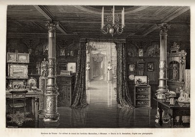 Pracovní kabinet arcivévody rakouského Maxmiliána (1832-1867), na zámku Miramar, který nechal postavit v okolí Terstu, z roku 1857, kdy byl prohlášen vicekrálem království Lombardie a Veneto, vyryl B. Bonnafoux illustra od Bonnafoux Bonnafoux