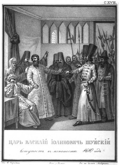 Klášterní vysvěcení cara Vasilije Ivanoviče Shuiského, 1610 z Illustrated Karamzin, 1836 od Boris Artemyevich Chorikov