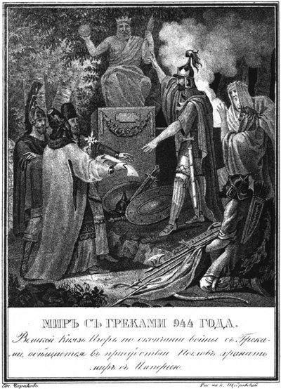 Kníže Igor uzavírá mír s Byzancí. 944 z ilustrovaného Karamzina, 1836 od Boris Artemyevich Chorikov