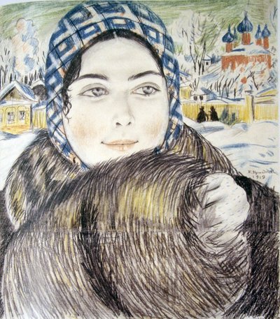 Manželka mladého obchodníka v kostkovaném šátku par Kustodiev, Boris Michaylovich (1878-1927) od Boris Mikhailovich Kustodiev