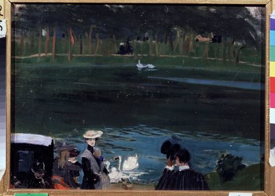 Bois de Boulogne. Jezero s labutěmi a chodci. Obraz Boris Michaylovič Kustodiev (Kustodiev) (1878-1927), olej na plátně od Boris Mikhailovich Kustodiev