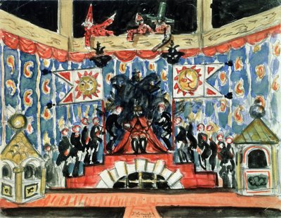 Decor preparatoire pour la piece la puce de Evgueni (Ievgueni, Eugene, Evgeni) Zamiatine (1884-1937) (scéna pro hru Blecha od E. Zamjatina). Oeuvre de Boris Michaylovič Kustodiev (Koustodiev) (1878-1927), tempera sur bois od Boris Mikhailovich Kustodiev