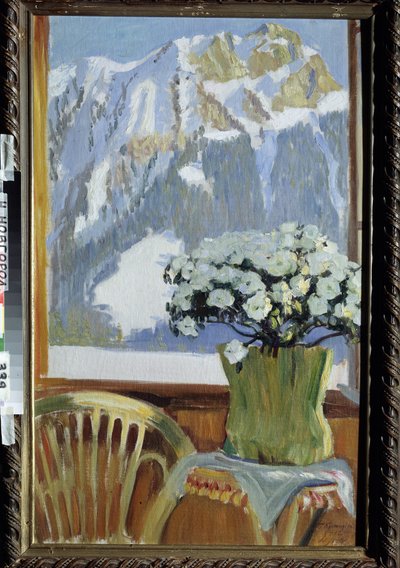 Květiny na balkóně s výhledem na hory. Obraz Boris Michaylovič Kustodiev (Kustodiev) (1878-1927), olej na plátně od Boris Mikhailovich Kustodiev
