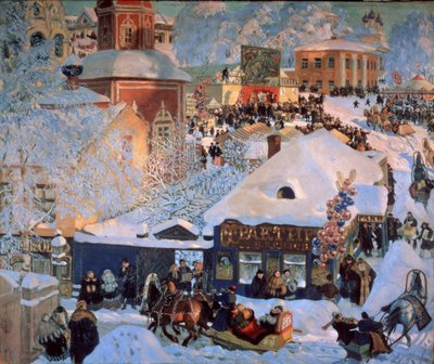 Zima, Mardi Gras (Zima, Schrovetide). Tradiční slavnosti v zasněžených ulicích provinčního města. Kromě popisu městských budov, shluků balónů, kolotoče, výloh taveren a saní tažených od Boris Mikhailovich Kustodiev