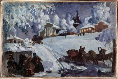 Zima, saně (Winter. Jízda na saních). Obraz Boris Michaylovič Kustodiev (Koustodiev) (1878-1927), olej na plátně, kolem roku 1920. Ruské umění, počátek 20. století. Soukromá sbírka. od Boris Mikhailovich Kustodiev