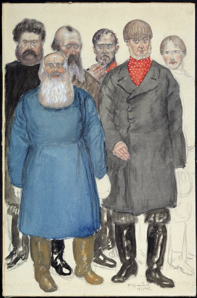 Návrh kostýmů pro divadelní hru Vlci a ovečky Alexandra Ostrovského (1823-1886) (Návrh kostýmů k divadelní hře Vlci a ovečky A. Ostrovského). Dílo Borise Michayloviče Kustodieva (Koustodiev) (1878-1927), akvarel na papíře od Boris Mikhailovich Kustodiev