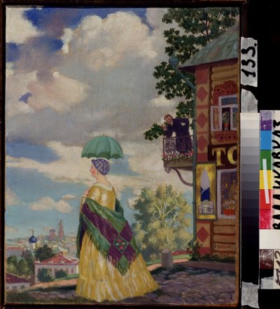 Provincie (Provincie). V dlážděné ulici, vyvýšené nad městem, hledí na panorama žena ve žlutých šatech s nedbale omezeným šátkem, který odpovídá jejímu deštníku. Muž v obleku na svém balkoně kouří cigaretu a přitom ho sleduje. Bori malování od Boris Mikhailovich Kustodiev
