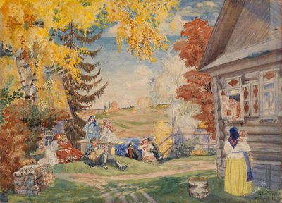 Scénografie k divadelní hře Selské ženy Alexandra Neverova, 1920 od Boris Mikhailovich Kustodiev