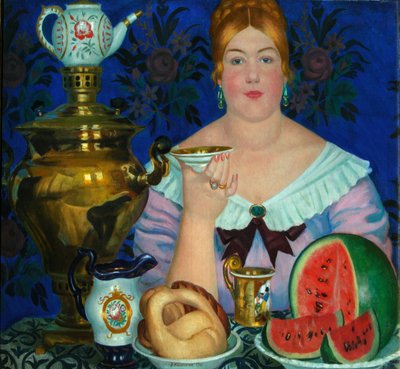 Manželka obchodníků pije čaj, 1923 od Boris Mikhailovich Kustodiev