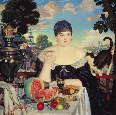 Kupcova žena u čaje od Boris Mikhailovich Kustodiev