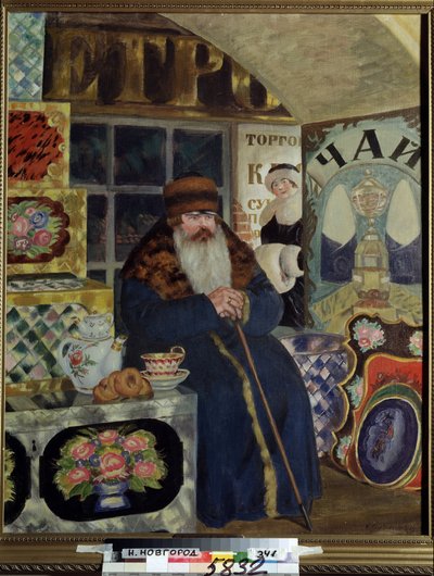 Obchodník s malovanými krabicemi (A Bags Merchant). Muž oblečený v tlustém kabátě se širokým kožešinovým límcem čeká u svého zboží s konvičkou a koláčky na boku. Za ním se v nákupní uličce usmívá elegantní žena. Malovat od Boris Mikhailovich Kustodiev