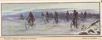 němečtí cyklisté přijíždějící do Finska; z Histoire des Soviets, hospoda. 1922 (barevné lito) od Boris Vasilievich Zvorykin