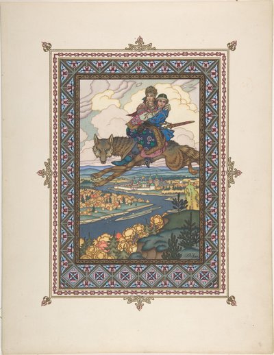 Ilustrace k Pohádce Ivana Careviče, Pták Ohnivák a Šedý vlk, c. 1925 od Boris Vasilievich Zvorykin