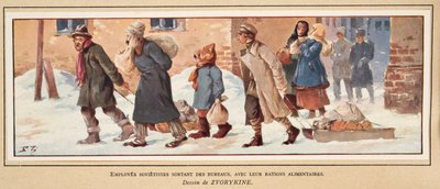 Sovětští dělníci opouštějí kancelář se svými příděly jídla z hospody Histoire des Soviets. 1922 (barevné lito) od Boris Vasilievich Zvorykin