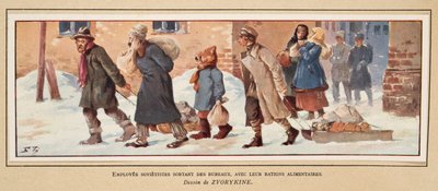 Sovětští dělníci opouštějí kancelář se svými příděly jídla z hospody Histoire des Soviets. 1922 (barevné lito) od Boris Vasilievich Zvorykin
