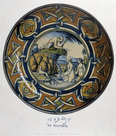 Actéon překvapující Artemis (diane) au bain - in "Collection of Italian faiences of the XV, XVI and XVIIIth centuries", designed by C. Delange and C. Borneman, ed. Delange, Paříž od Bornemann Bornemann