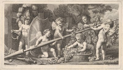 Šest putti si hraje s Marsovými pažemi, čtyři se drží velkého kopí, jeden vlevo ..., 1769. od Bossi