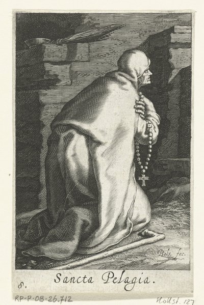 Svatá Pelagia z Antiochie jako poustevnice Sancta Pelagia (název na objektu) Hermitesses (název série) Sacra Eremus Ascetriarum (název série) od Boëtius Adamsz. Bolswert