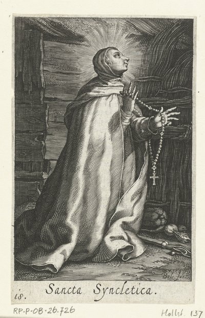 Svatá Syncletica z Alexandrie jako poustevnice Sancta Syncletica (název na objektu) Hermitesses (název série) Sacra Eremus Ascetriarum (název série) od Boëtius Adamsz. Bolswert