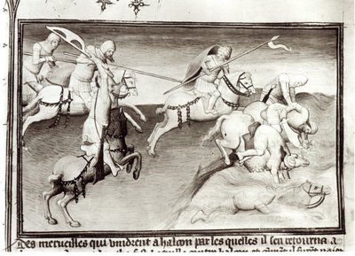 Paní Fr 2810 Mongolský vůdce Hulagu, chán Ilkhanátu pronásleduje svého bratrance Berkeho, chána z Kipčaku neboli Zlaté hordy v roce 1262 a přinutí ho do řeky, z Livre des Merveilles du Monde, kolem 1410- od Boucicaut Master