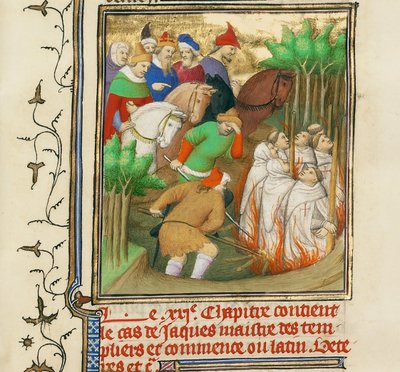 Templářští rytíři upáleni za přítomnosti Filipa Sličného a jeho dvořanů, cca 1413-1415 od Boucicaut Master,