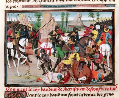 Ms 5089-90 Bitva mezi králem Balduinem I. (asi 1058-1118) a Turky, z Chroniques des empereurs od Davida Auberta, 1462 od Brabant School
