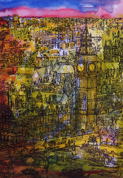 Londýn, Westminster (pero a inkoust s wc na papíře) od Brenda Brin Booker