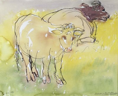 Young Bullocks in the Meadow, 1983 (pero a inkoust s wc na papíře) od Brenda Brin Booker