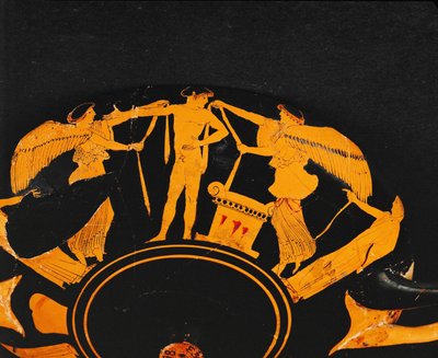 Niké, bohyně vítězství, obléká stuhy mladému atletovi stojícímu u oltáře... od Briseis Painter