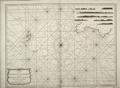 Mapa vstupu do Lamanšského průlivu se západním pobřežím Cornwallu a Scillyho ostrovů se všemi sondami. od British School